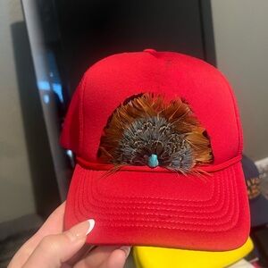 Vibrant Red Womens Cap with Feather Accent